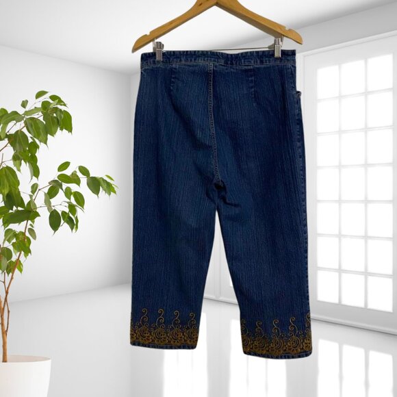 Bill Blass Stretch Jeans Size 14 Embroidered Hem Cropped Denim Boho Chic Pants - Picture 4 of 11